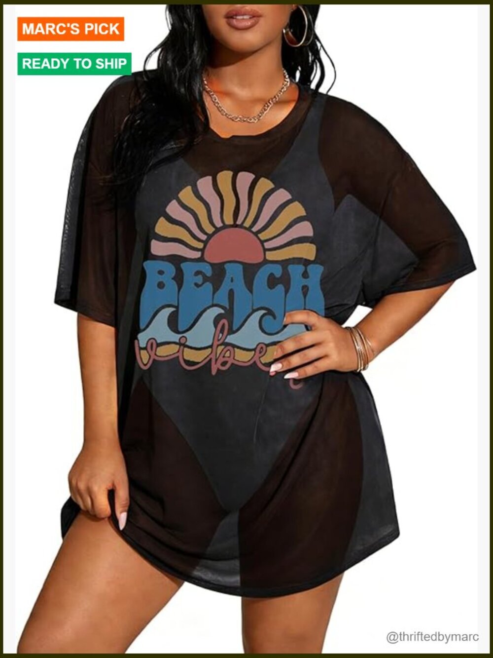 Plus Size Sheer Mesh Split Thigh Swimsuit Cover Up Beach Outfits
